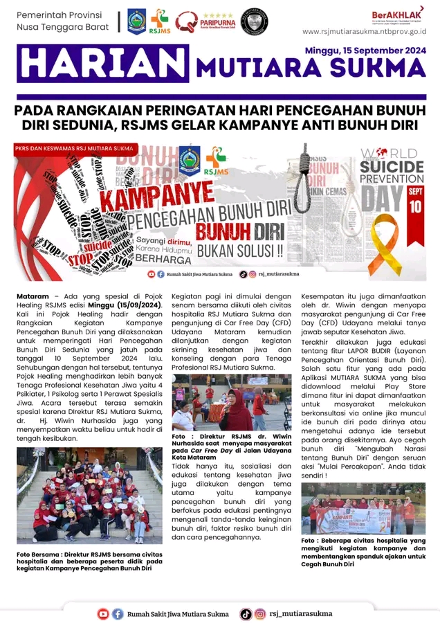 PADA RANGKAIAN PERINGATAN HARI PENCEGAHAN BUNUH DIRI SEDUNIA, RSJMS GELAR KAMPANYE ANTI BUNUH DIRI
